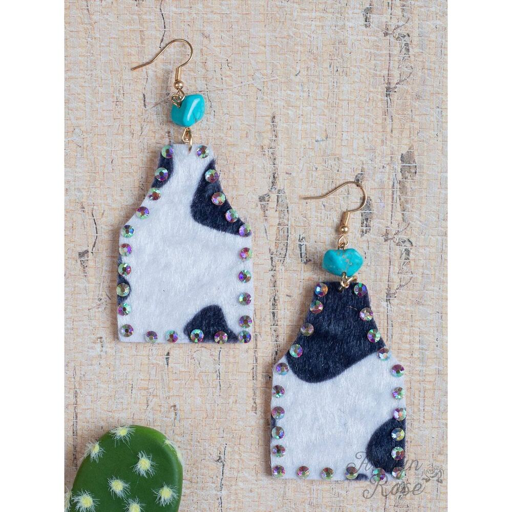Cow Print Tag Dangle Earrings with Aurora Borealis Crystals